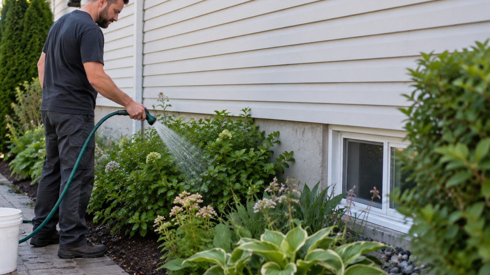 Property-care worker gently watering shrubs beside vinyl siding before exterior cleaning