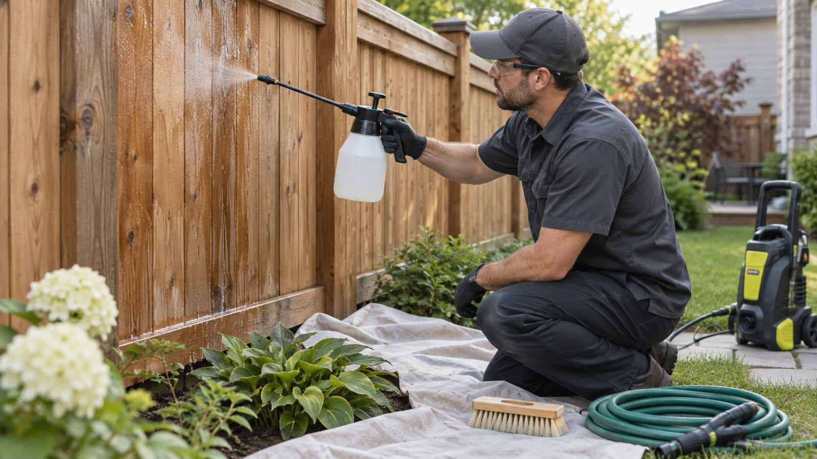 Property-care worker applying cleaner to one manageable wood fence section while protecting nearby plants