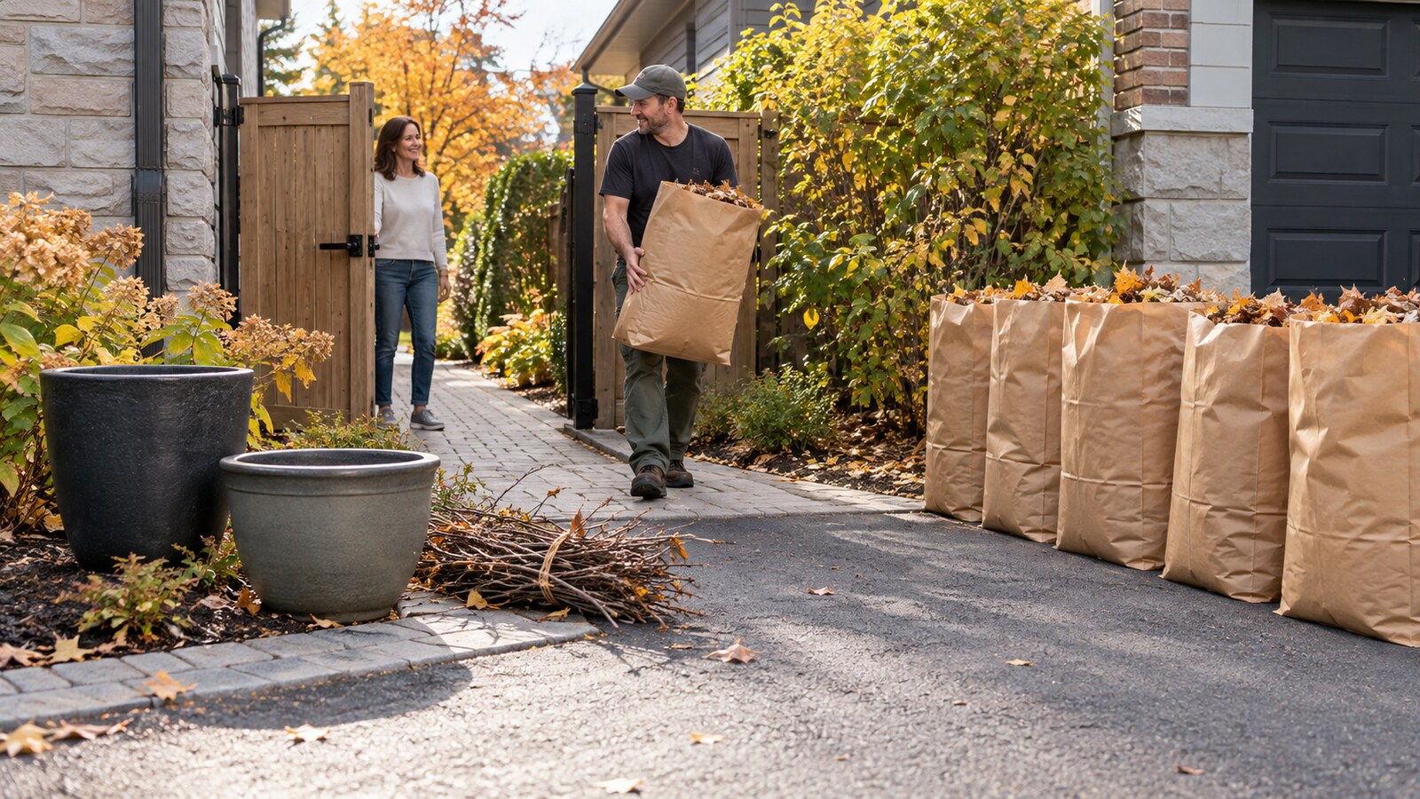 Property-care worker carrying a paper leaf bag through a clear side gate toward a driveway