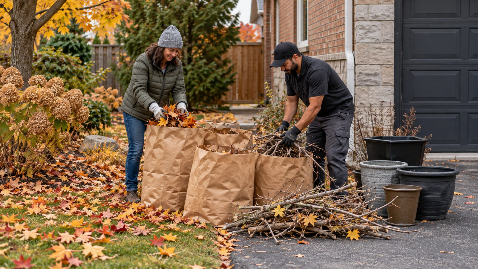 Ottawa homeowner and property-care worker organizing paper leaf bags, small branches and empty planters