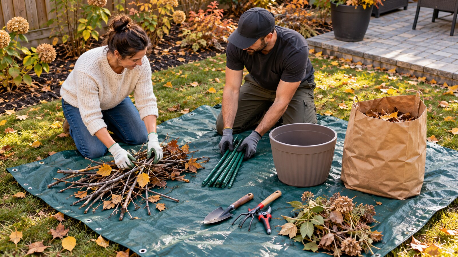 Homeowner and property-care worker sorting small branches, garden stakes and an empty planter on a tarp